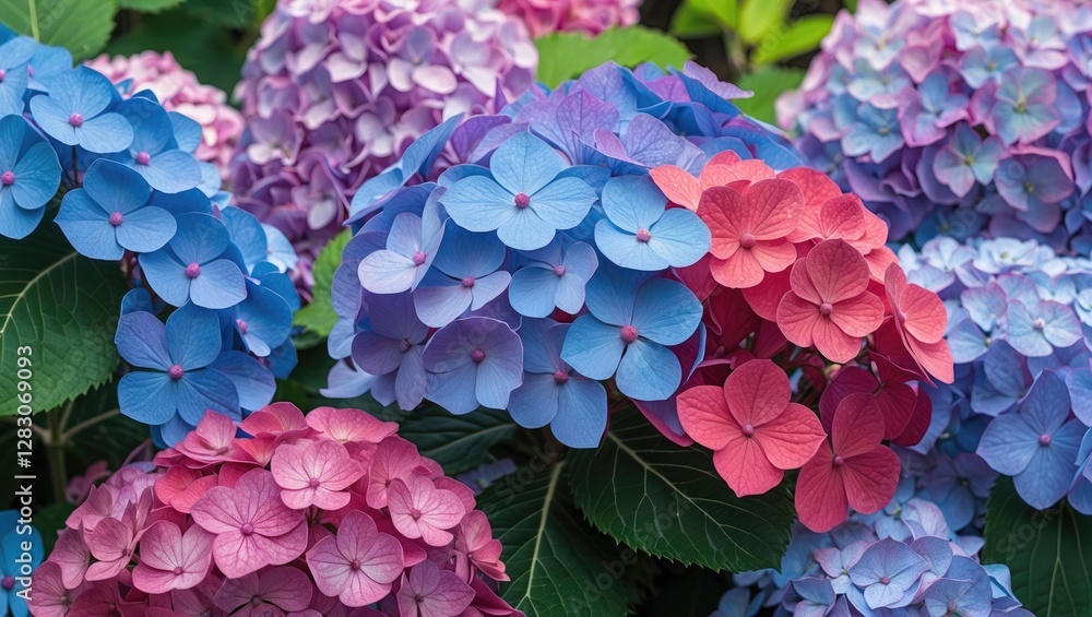 Poster blooming hydrangea flowers in vibrant colors creating a lush and lively garden backdrop with shades 