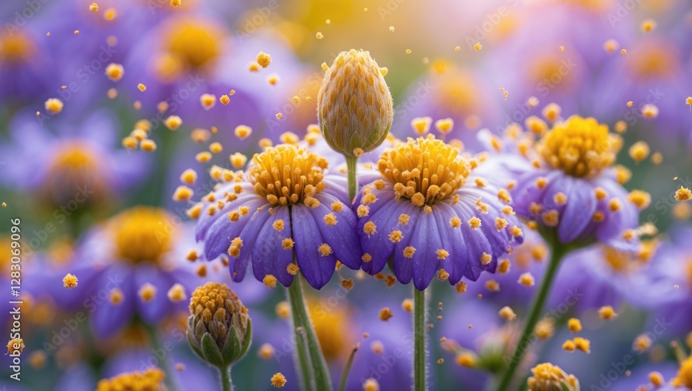 Poster macro view of vibrant purple flowers with delicate yellow pollen creating a dreamy floral atmosphere