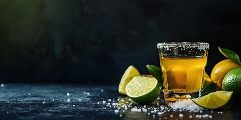 Golden tequila shot with salt rim and fresh lime slices arranged around it on a dark background creating strategic space for text overlay