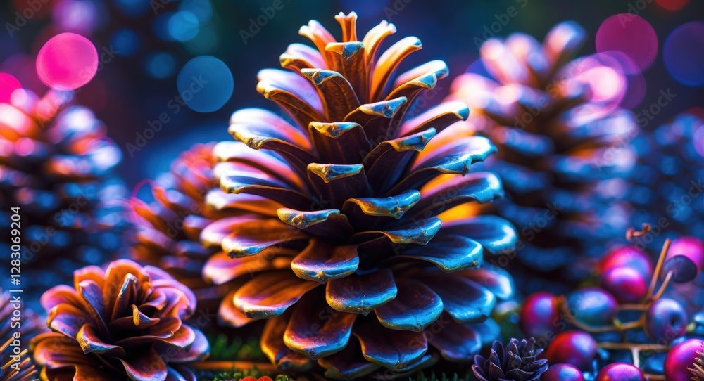 Poster vibrant close-up of a pinecone surrounded by colorful bokeh lights showcasing nature's intricate det