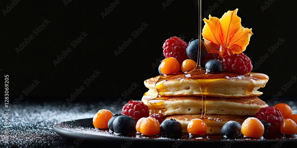 Poster Stack of fluffy pancakes drizzled with golden syrup topped with colorful berries and physalis on a black background emphasizing a rich dessert aesthetic
