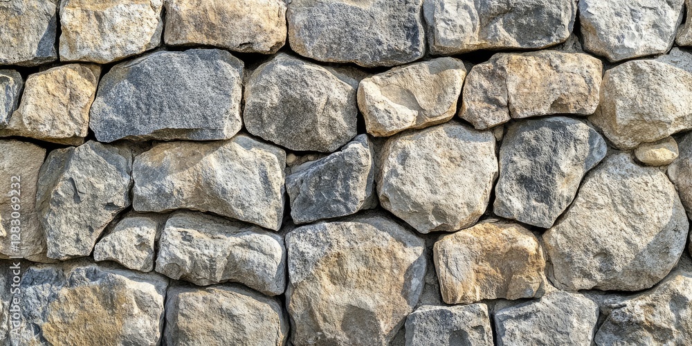 Poster natural stone wall texture featuring a mix of gray and beige stones arranged in a staggered pattern 