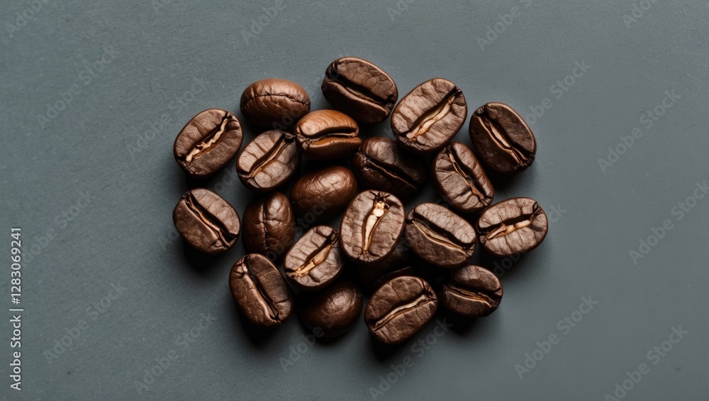Poster Close up of assorted brown coffee beans arranged on a textured gray background showcasing their rich color and unique shapes.