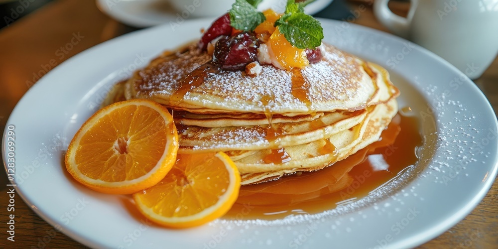 Poster stack of fluffy pancakes drizzled with syrup topped with fruit garnishes served on a white plate wit