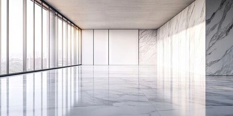 Fototapeta premium Minimalist modern interior of an empty room with bright marble floor, large windows allowing natural light, and sleek white marble walls.