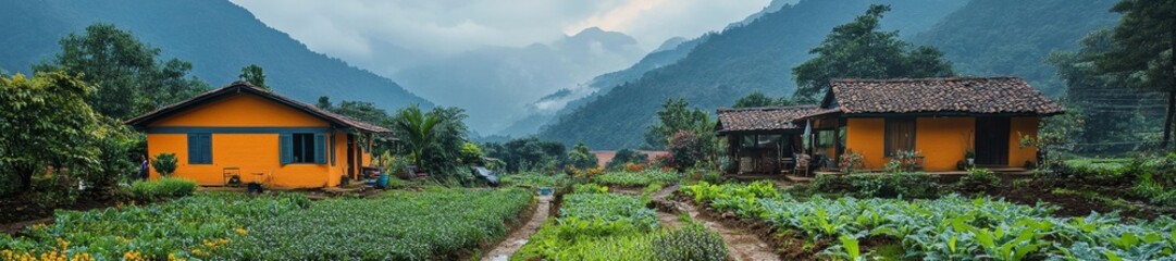 Vibrant homes surrounded by lush gardens and towering mountains in the background offering a peaceful countryside retreat. Generative AI