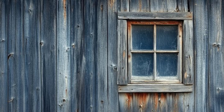 Weathered barn exterior featuring a rustic wooden window in muted gray tones with textured wood emphasizing age and decay in a charming rural setting
