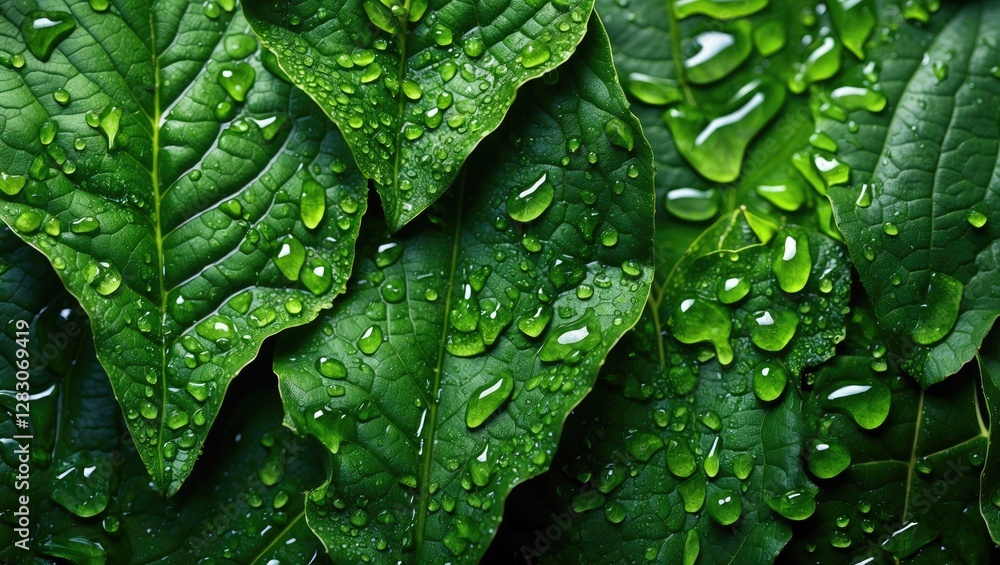 Aufkleber Closeup of fresh green leaf texture with dewdrops creating a natural and refreshing background for design and photography projects