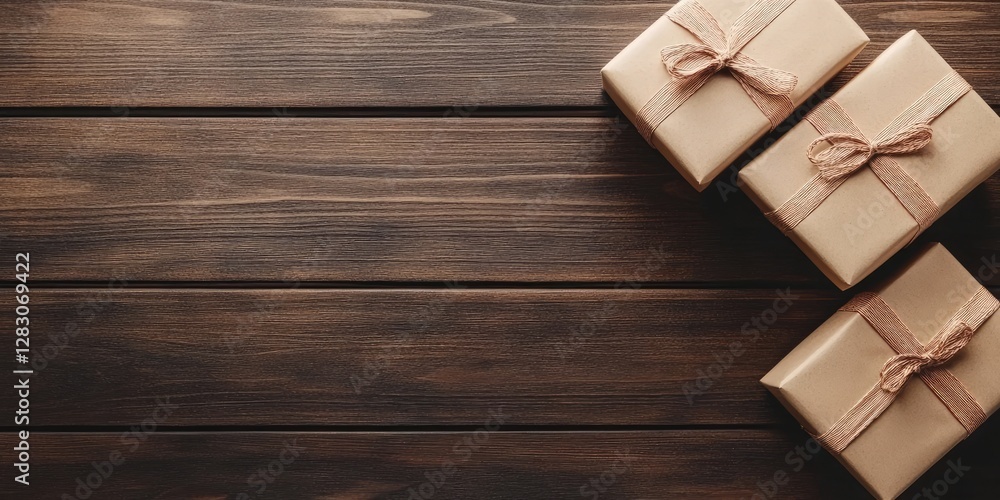 Aufkleber three gift boxes wrapped in beige paper with twine, arranged on a dark wooden surface, creating ampl