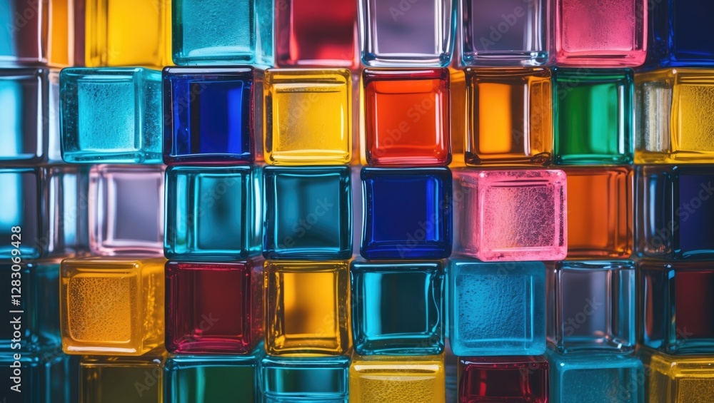 Poster colorful glass blocks wall with vibrant hues creating a striking decorative background for design an