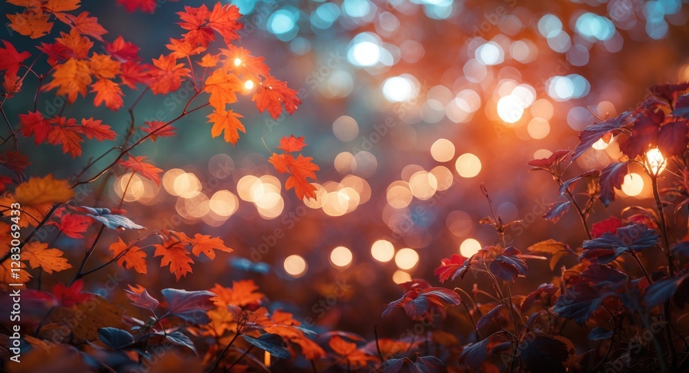 Aufkleber Autumn foliage with bokeh lights creating a magical atmosphere in a serene natural setting during the fall season.