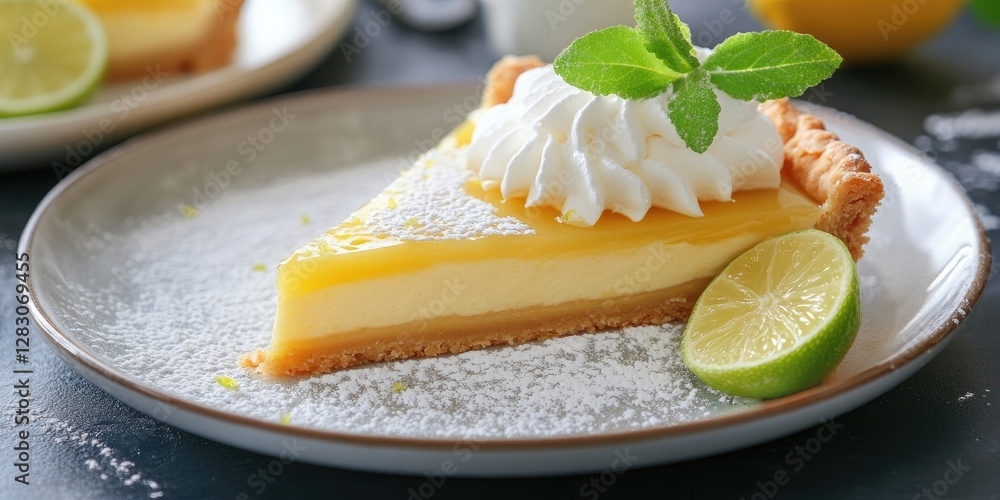 Poster delicious slice of lemon lime tart garnished with whipped cream and mint on pale plate with lime wed