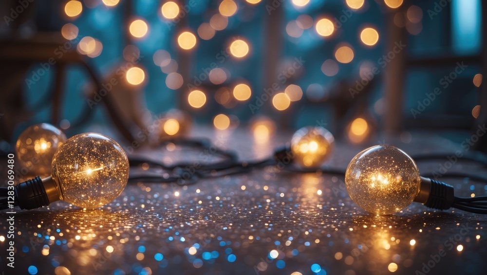 Poster vintage string lights with a glittery defocused background creating a warm and enchanting ambiance f