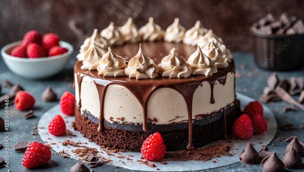 Poster delicious chocolate cake with creamy frosting garnished with raspberries and chocolate chips on a ru