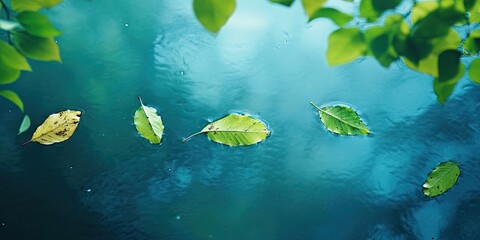 Serene water scene with green and yellow leaves floating on tranquil blue water enhanced with a calming green and blue filter for visual depth