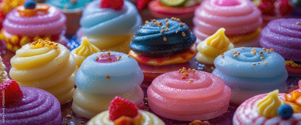 Poster colorful assortment of decorative daifuku desserts showcasing intricate designs and vibrant colors o