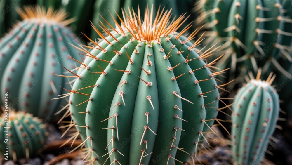 Poster detailed view of globe-shaped cactus with prominent thorns showcasing vibrant green color and unique