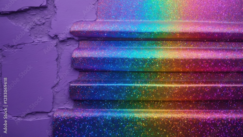 Poster holographic glitter texture on purple wall showcasing a rainbow spectrum gradient creating a vibrant