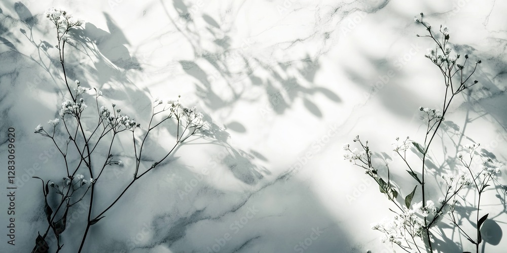 Poster floral shadows cast on a light marble backdrop with greenery accents soft shadows in soft sunlight c