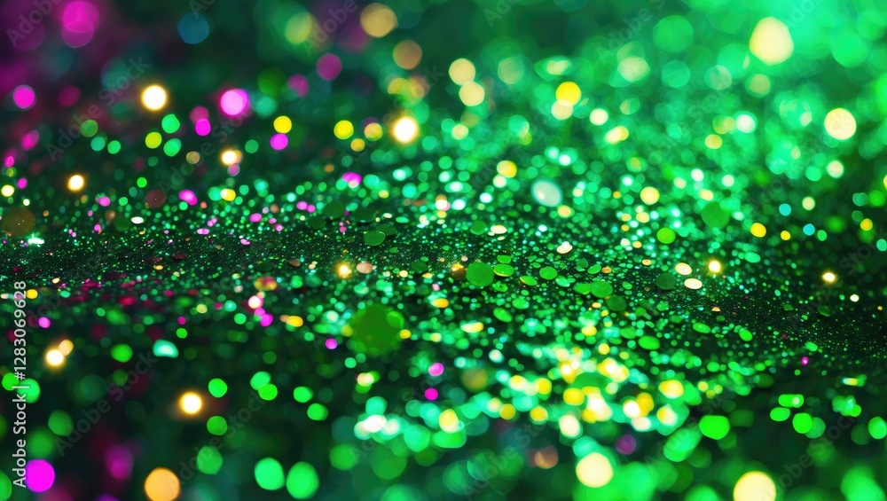 Poster vibrant green glitter texture with bokeh effect creating a whimsical and festive background suitable