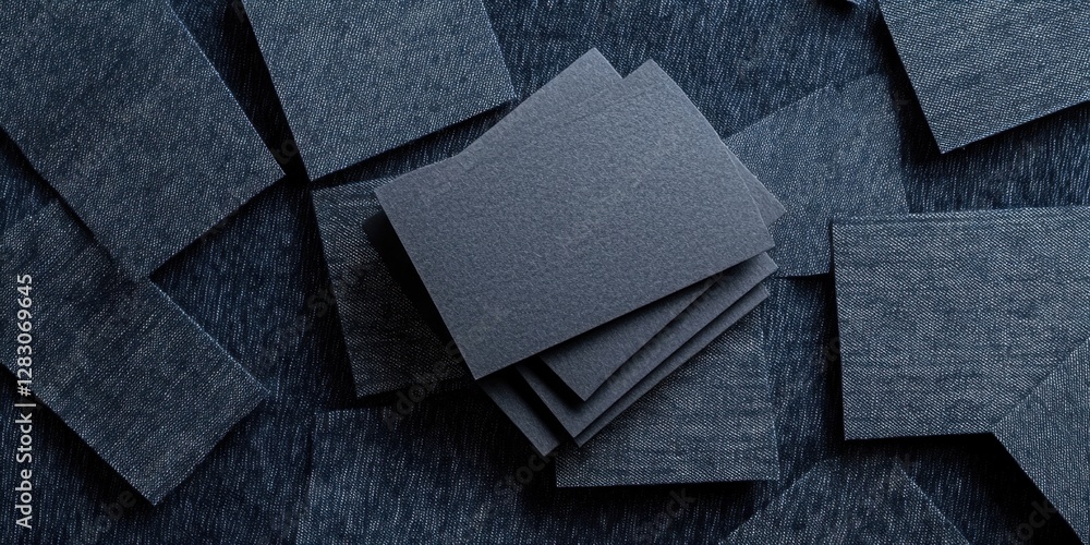 Poster mockup of stacked gray business cards on a textured dark denim background showcasing branding and de