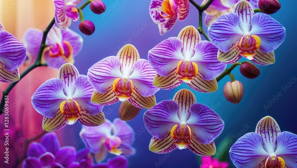 Poster vibrant orchid flower arrangement with soft focus in colorful background for design elements and nat