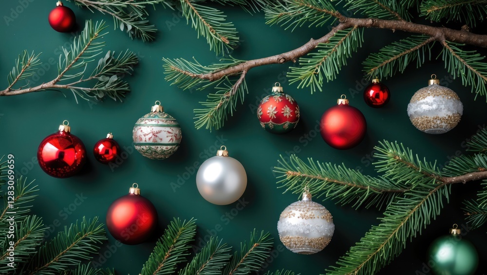 Poster elegant christmas decor featuring colorful baubles and fresh spruce branches on a deep green backgro