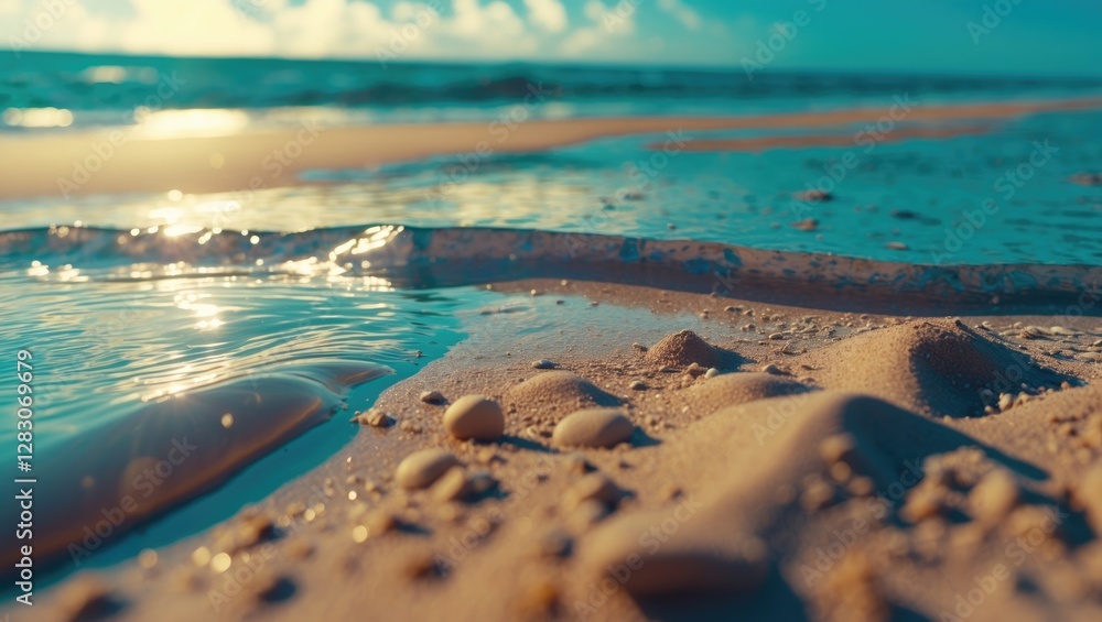 Poster close up of tranquil beach scene with sparkling water and soft sand showcasing natural textures and 