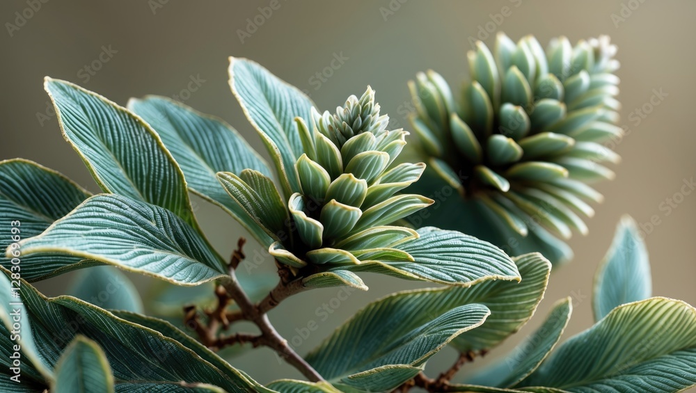 Poster close-up of arizona cypress leaves and seed cone showcasing intricate textures and vibrant colors in