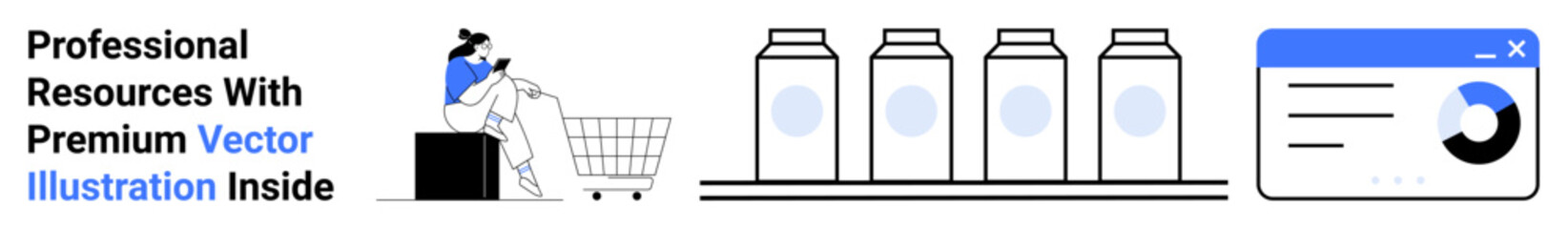 Person in shopping cart reviews items, shelves with jars, and business analytics dashboard. Ideal for e-commerce, retail strategies, data analysis, customer behavior, business insights, marketing