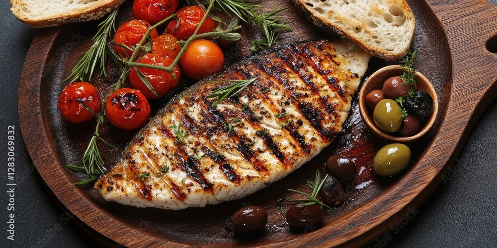 Poster grilled fish fillet with charred tomatoes and fresh herbs on a wooden platter served with olives and