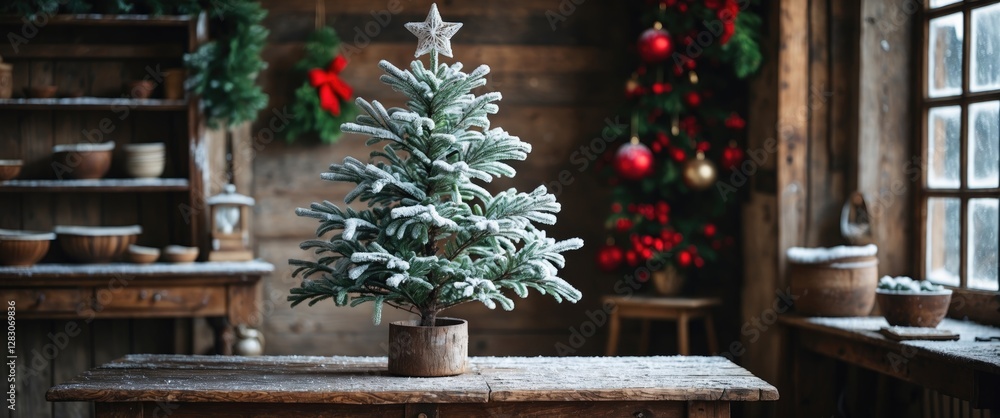 Aufkleber frosted christmas tree centerpiece on rustic wooden table in cozy holiday-themed cabin setting with 