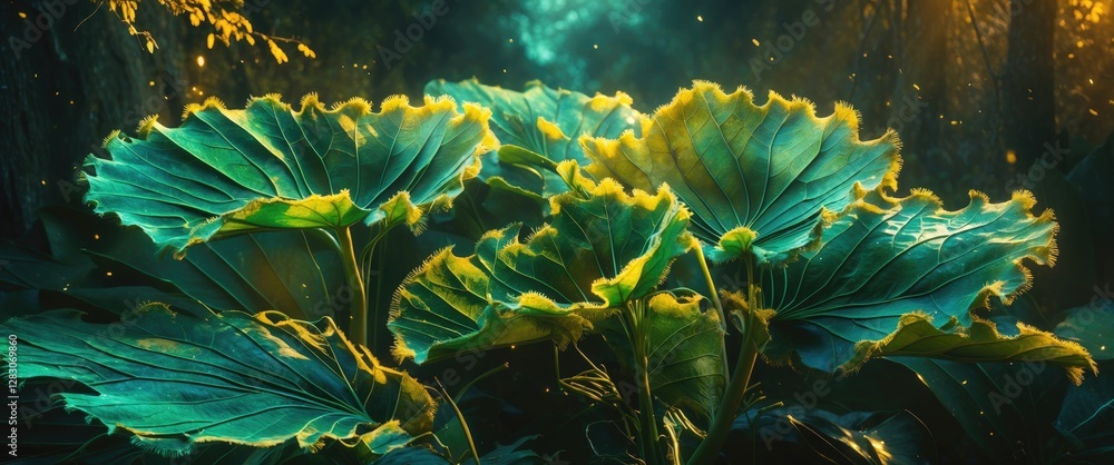 Poster lush cycad leaves illuminated by soft light create a serene natural garden atmosphere against a dark