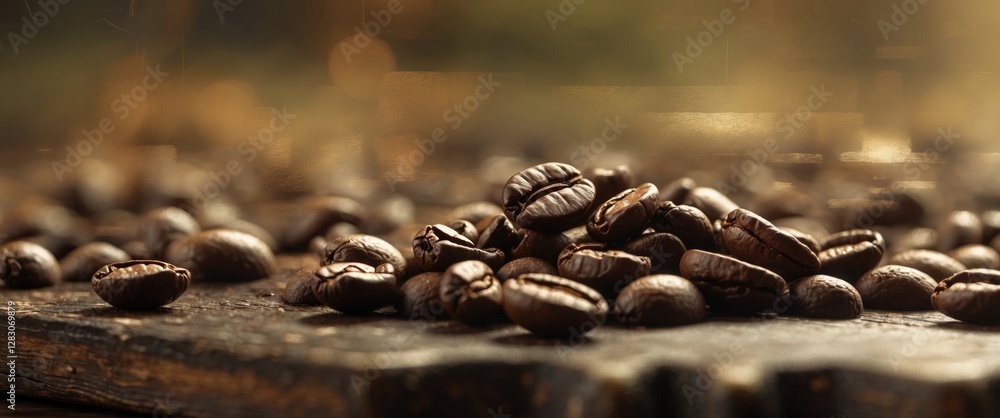 Aufkleber Closeup view of aromatic roasted coffee beans scattered on rustic wooden surface with soft background and space for text design.