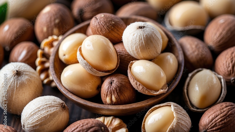 Poster Close up of fresh macadamia nuts in their shells arranged in a wooden bowl surrounded by various nut varieties on a rustic table.
