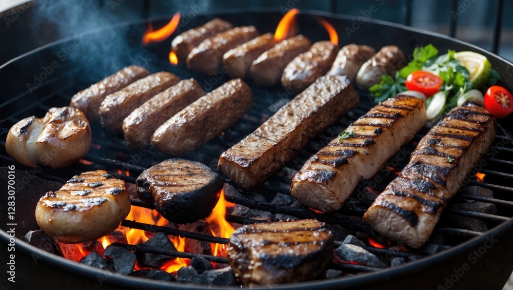 Aufkleber grilled meats and vegetables sizzling on charcoal barbecue with vibrant flames creating an inviting 