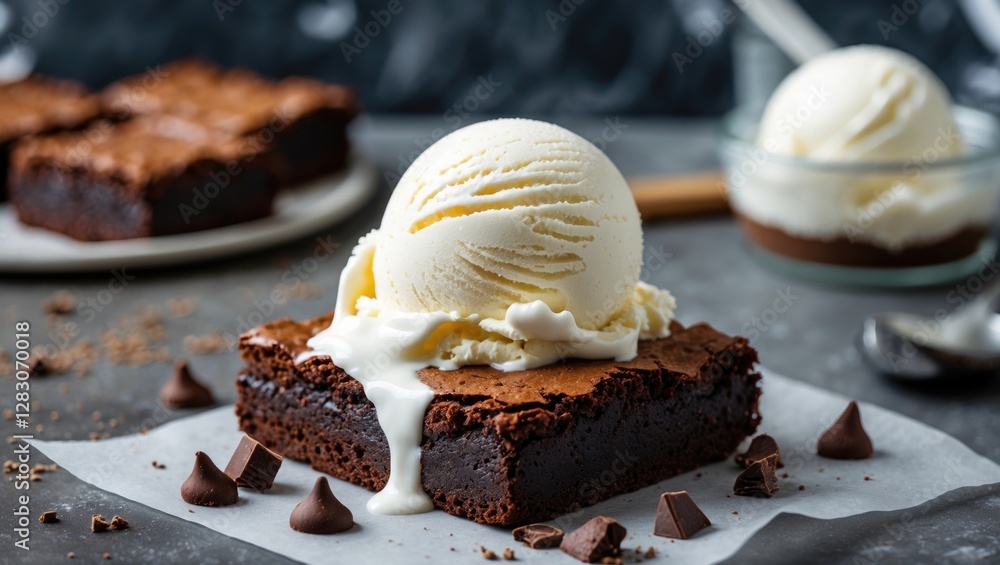 Poster decadent chocolate brownie topped with vanilla ice cream and creamy sauce on rustic grey background 