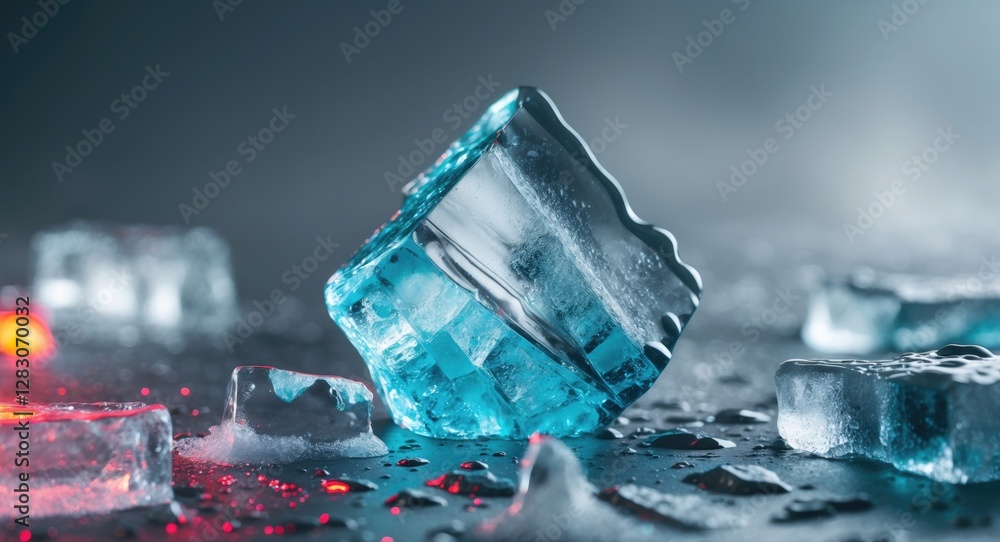 Poster close-up of glimmering ice cubes on a gray background with condensation, showcasing intricate textur