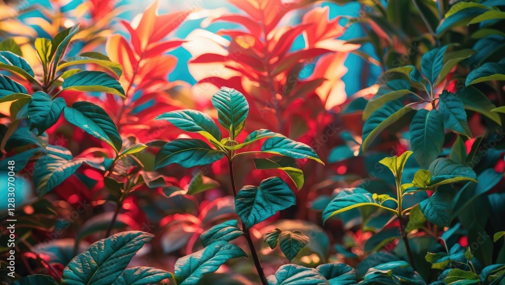 Poster vibrant closeup of lush green and red leaves creating a stunning garden background illuminated by so