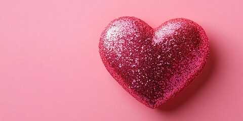 Obraz premium Vibrant pink glitter heart design on soft pink background showcasing a shiny texture perfect for creative projects and romantic themes