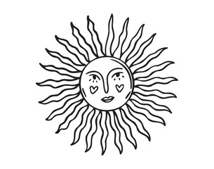 Sun face doodle element. Mystical cartoon whimsical boho style sun, sunshine space cosmic line icon.