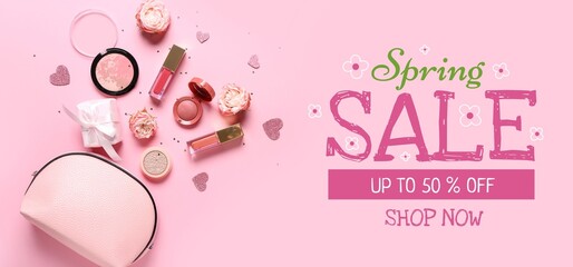 Banner with text SPRING SALE, cosmetic bag, makeup products, gift and roses