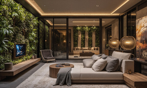 Smart LED lighting embedded in walls and furniture adapts to user needs, while immersive surround-sound systems built directly into