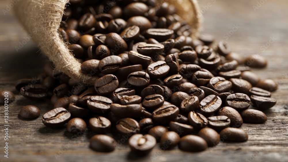 Poster premium roasted coffee beans spilled from burlap sack on rustic wooden background creating an inviti