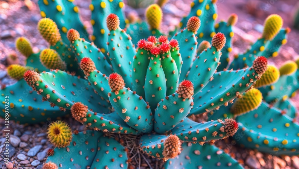 Poster Vibrant close-up of a succulent cactus with colorful blooms showcasing unique textures and patterns in a natural desert setting.