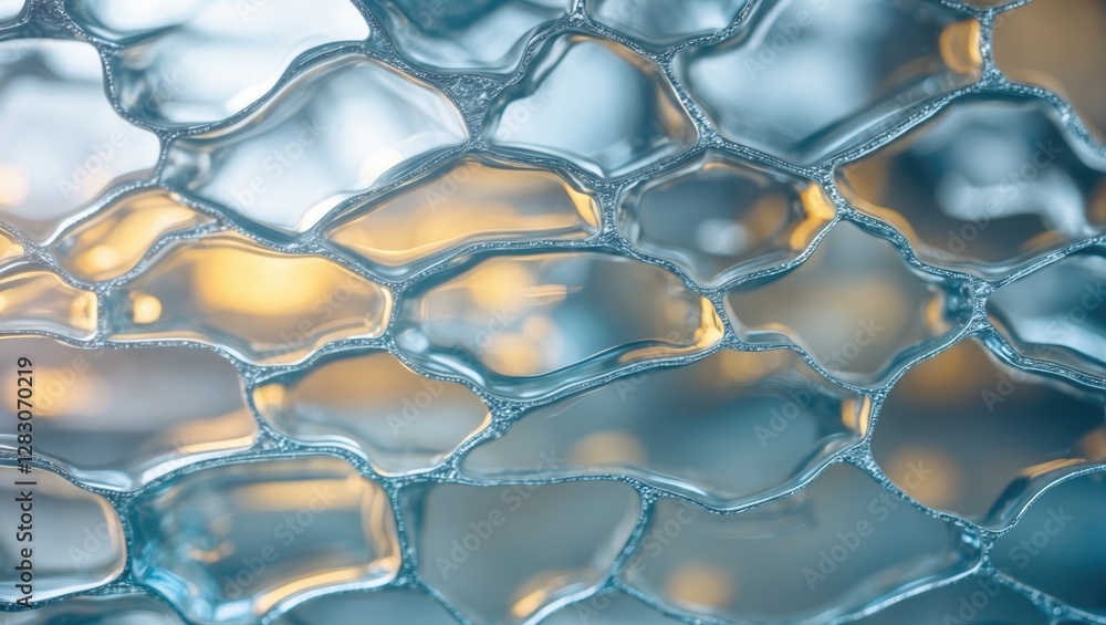 Poster fluid glass abstraction with honeycomb pattern illuminated by soft light creating an ethereal and vi
