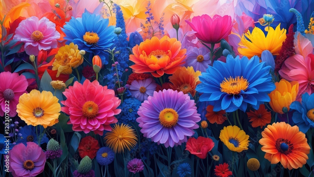 Poster vibrant abstract floral background featuring colorful flowers in a kaleidoscope of hues creating a j