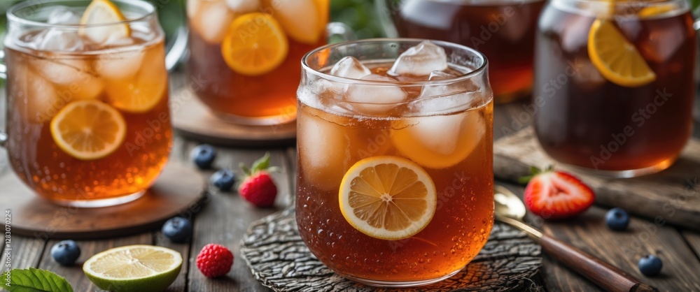 Poster Refreshing Iced Tea with Citrus Slices and Fresh Berries Perfect for Hot Summer Days with Space for Custom Text