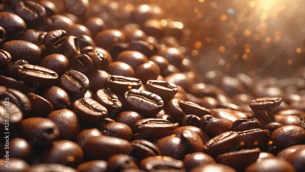 Poster richly roasted coffee beans glistening in soft light with selective focus creating an inviting backg