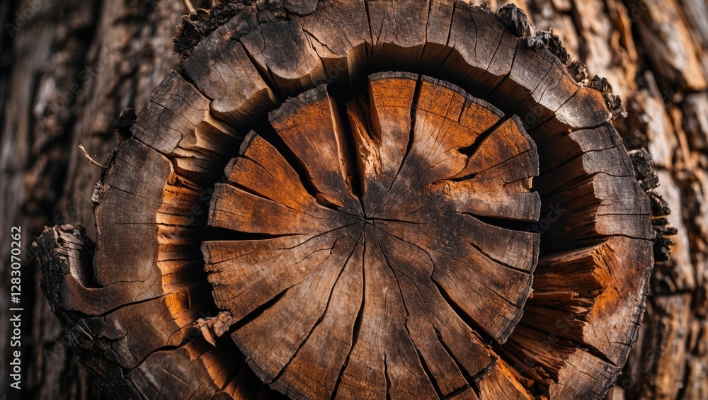 Poster wood stump close-up showcasing intricate texture patterns and rich natural colors for backgrounds or